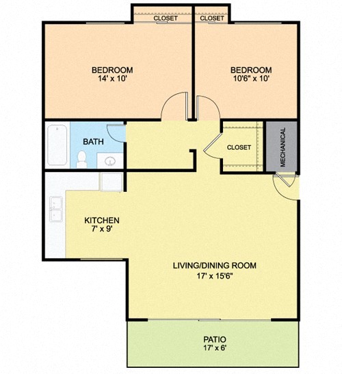 Floor plan for 2 beds, 1 bath, 652 sqft